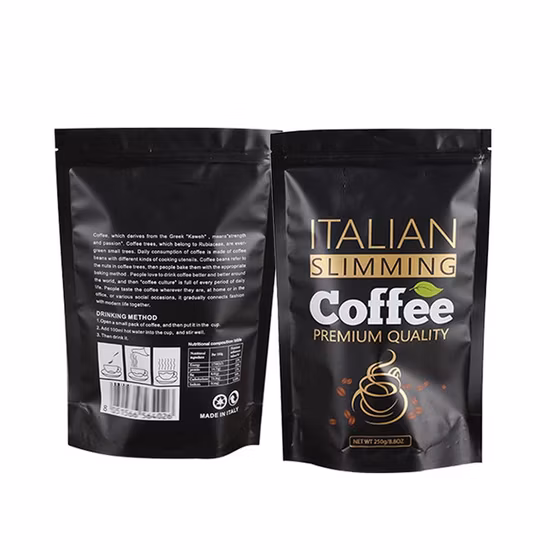 Borsa in plastica dal design personalizzato Chiusura con zip biodegradabile Stand up Custodia da imballaggio Borsa per chicchi di caffè impermeabile con cerniera con valvola